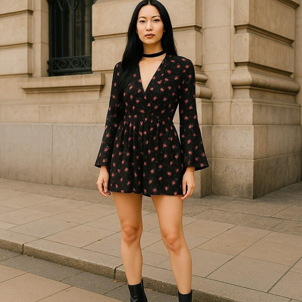 Free People Womens Size 2 Black Floral Long Bell Sleeve Tegan Mini Dress Keyhole